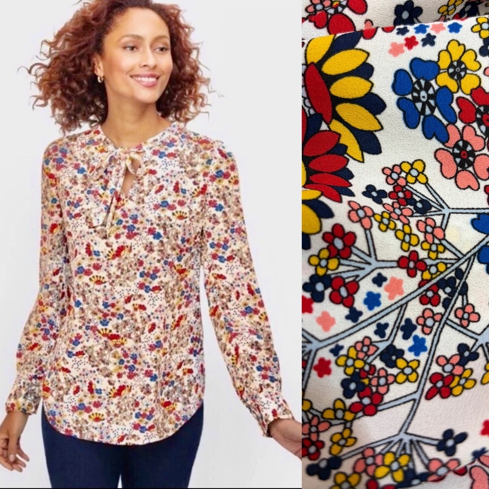 Talbots Meadow Multicolor Floral Bow Tie Neck Blouse Long Sleeve Romantic - Picture 4 of 10